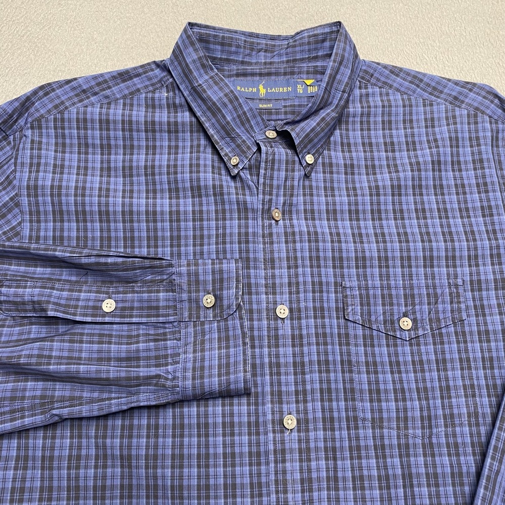 Ralph Lauren Shirt Mens XL Blue Plaid Slim Fit Long Sleeve Button Down